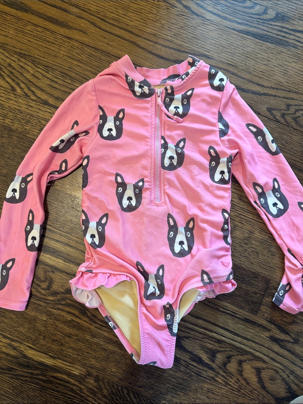 Pink Chicken Girls Pink Dog Face Long-Sleeve Rash Guard Swimsuit